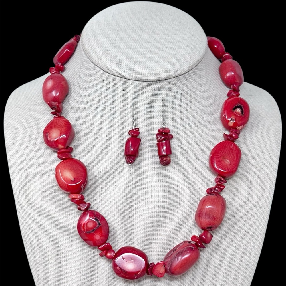 Red Coral Chunky Beaded Necklace Earrings Set